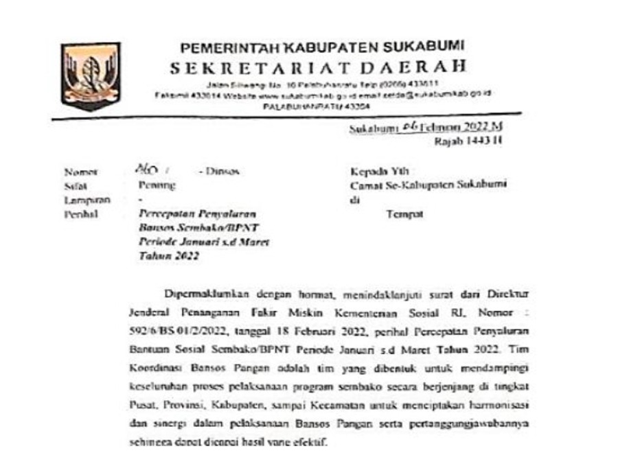Surat Edaran Sekretariat Daerah Kabupaten Sukabumi Perihal Percepatan Penyaluran Bansos Sembako/BPNT Tahun 2022