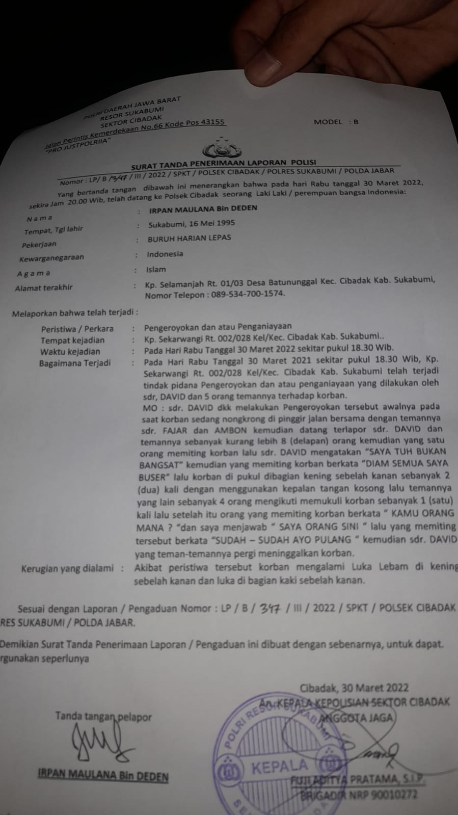 Surat laporan penganiayaan dan pengeroyokan